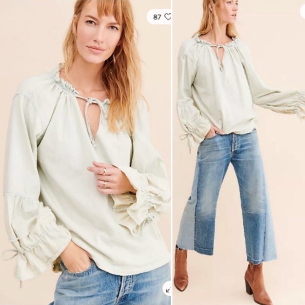 Free People Alpine Denim Top Size Small Long Sleeve Peasant Style